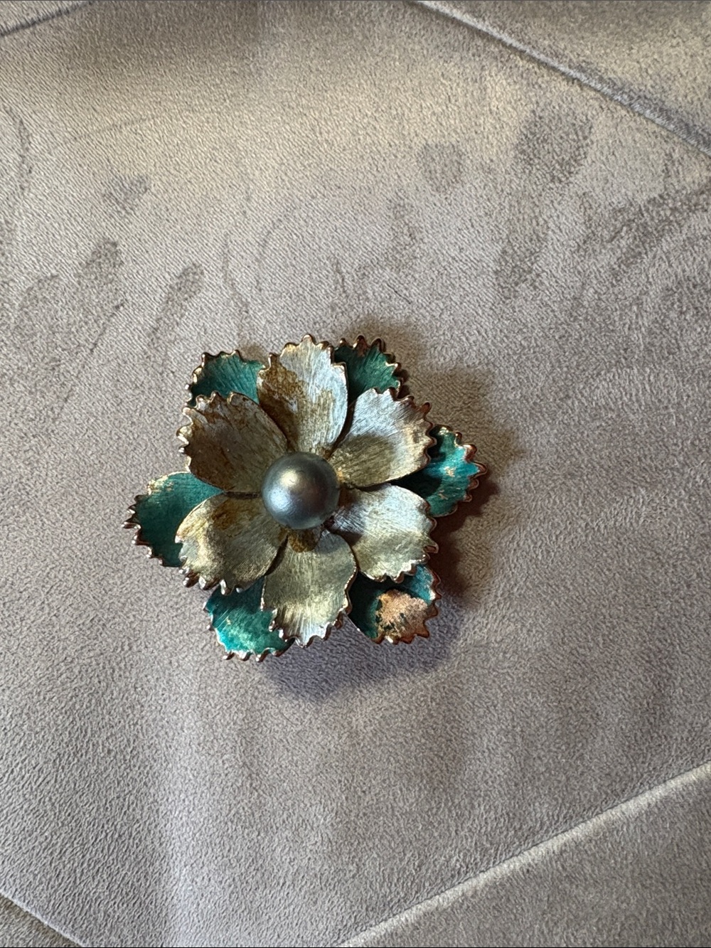 Gold and Teal Floral Brooch with Pearl Center